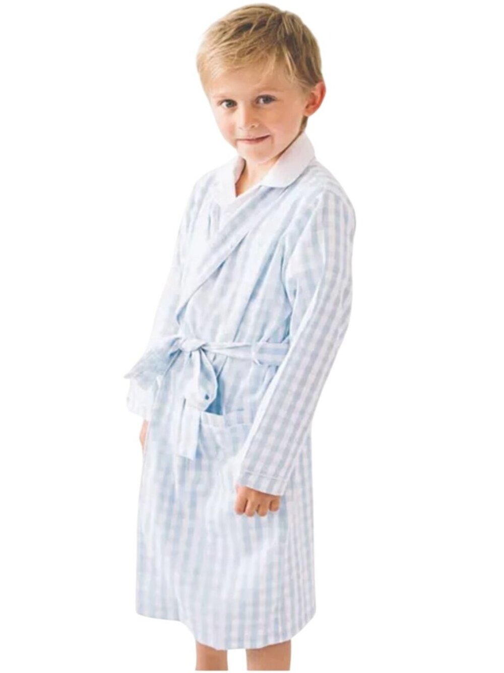 Petite Plume Kids Blue & White Gingham Robe Size 7/8 Unisex Belted Sleepwear So - Picture 10 of 12